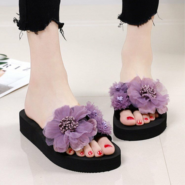 Women Floral Applique Decor Platform Slippers