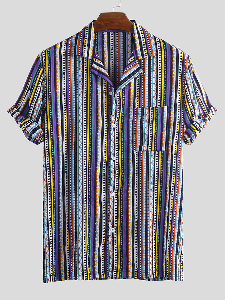 Mens Ethnic Style Colorful Striped Summer Short Sleeve Loose Casual Shirt