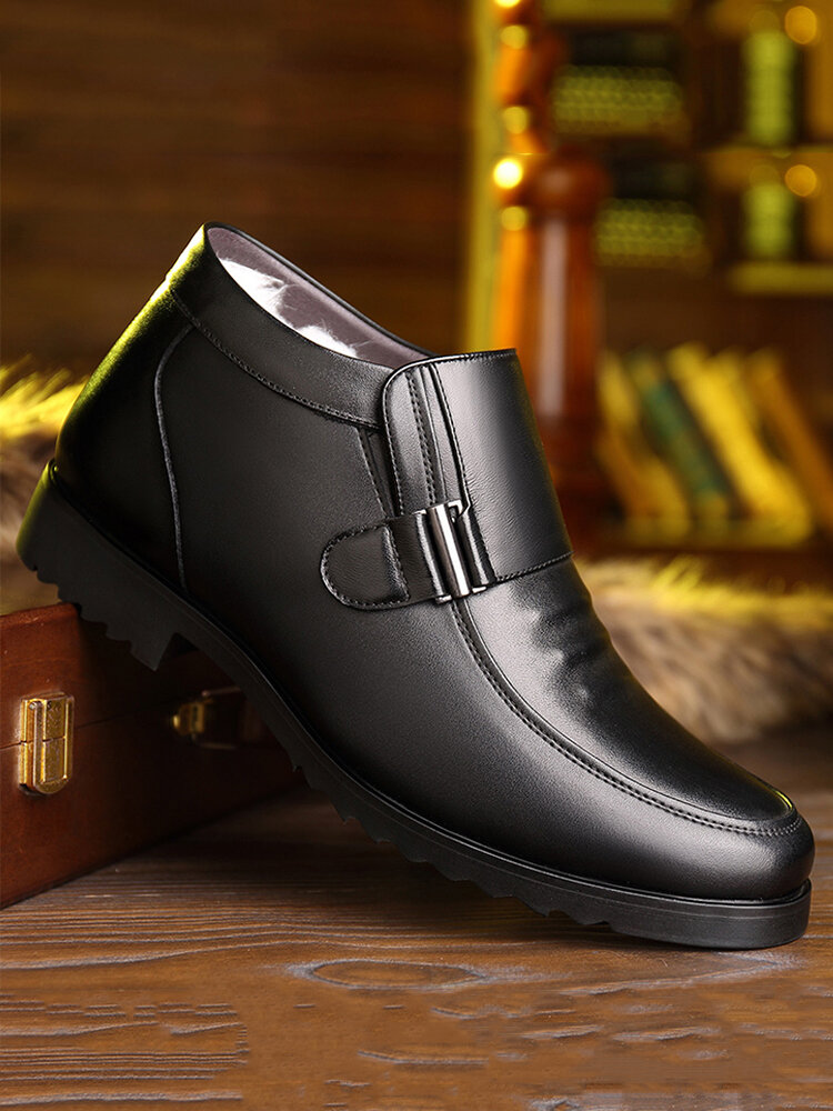 Men Plush Lining Non Slip Metal Buckle Slip On Casual Leather Boots