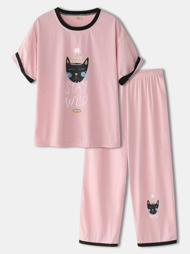 Frauen Niedlich Black Katze Print Cropped Pants Baumwolle Pyjamas Sets Mit Kontrastbesatz