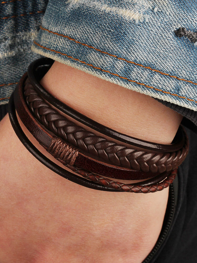 

1 Pcs Men's Vintage Cowhide Leather Multilayer Ethnic Braided Bracelet