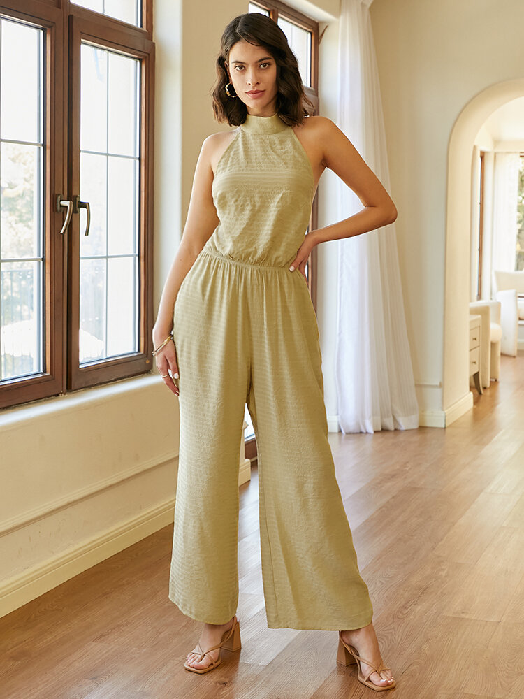 Solid Open Back Tie Stand Collar Wide Leg Jumpsuit