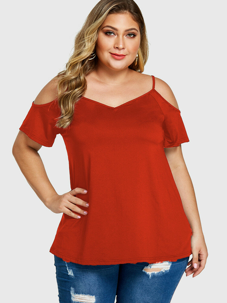 Solid Color Off-shoulder Short Sleeve Plus Size T-shirt for Women
