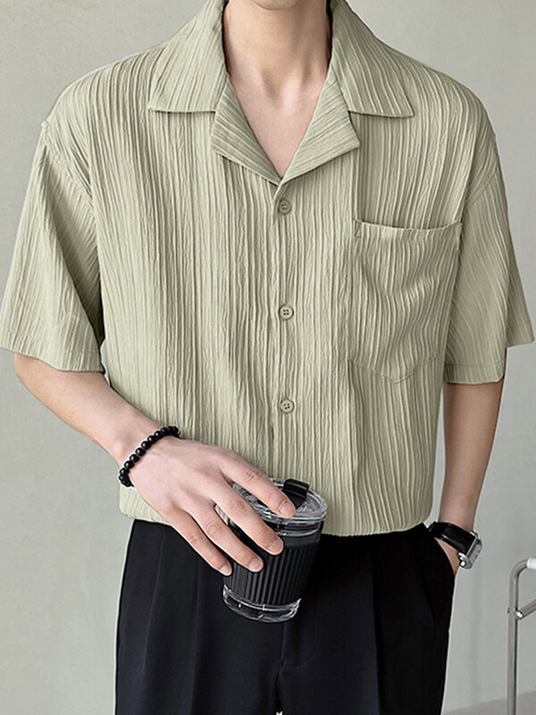 

Mens Textured Stripe Camp Collar Pocket Shirt, Black;white;khaki