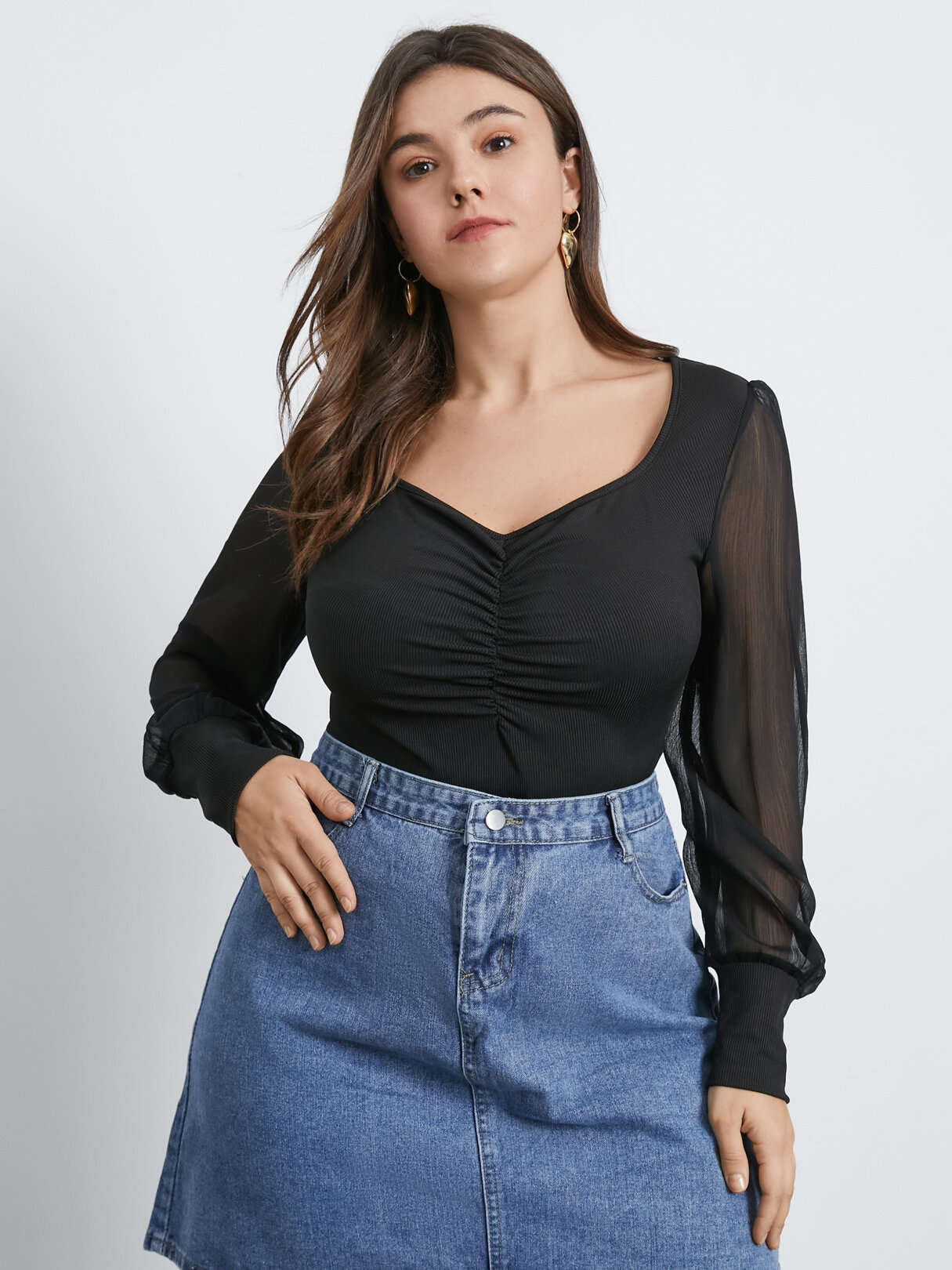 Plus Size V-neck Patchwork Ruched Tee