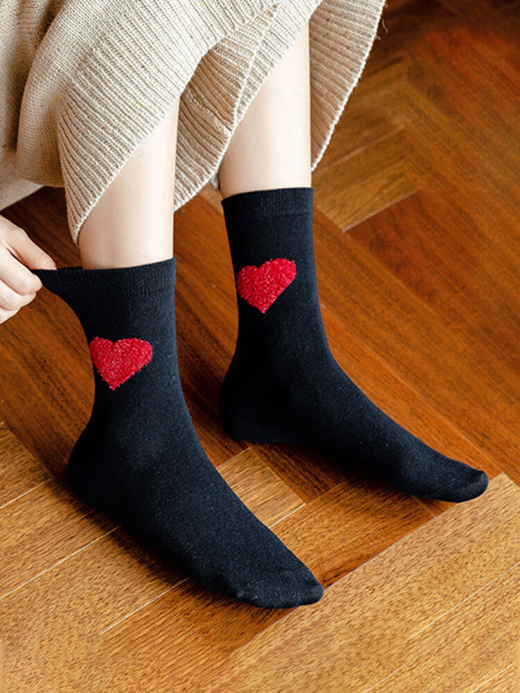 5 Pairs Women Cotton Solid Love Plaid Letters Warmth Sweat-wicking Fashion Tube Socks