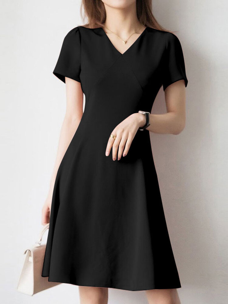 Einfarbig A-Linie Kurzarm V-Ausschnitt Kleid Für Damen