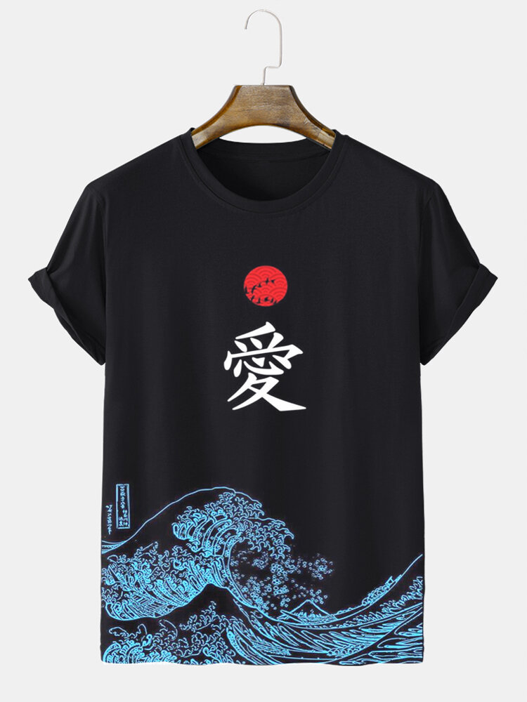Mens Character Wave Print Japanese Style Short Sleeve T-Shirts