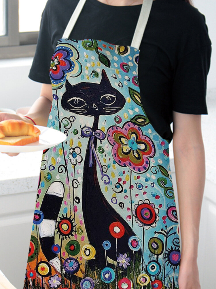 Cartoon Color Cat Pattern Cleaning Colorful Aprons Home Cooking Kitchen Apron Cook Wear Cotton Linen Adult Bibs