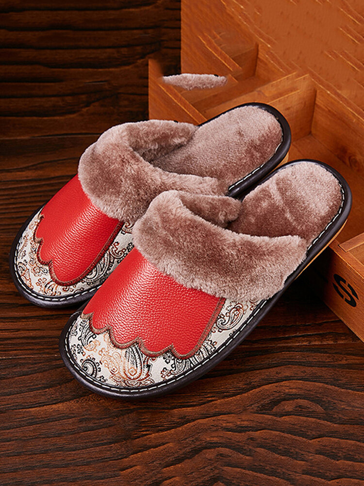 Women Leather Indoor Slippers Plush Home Shoes
