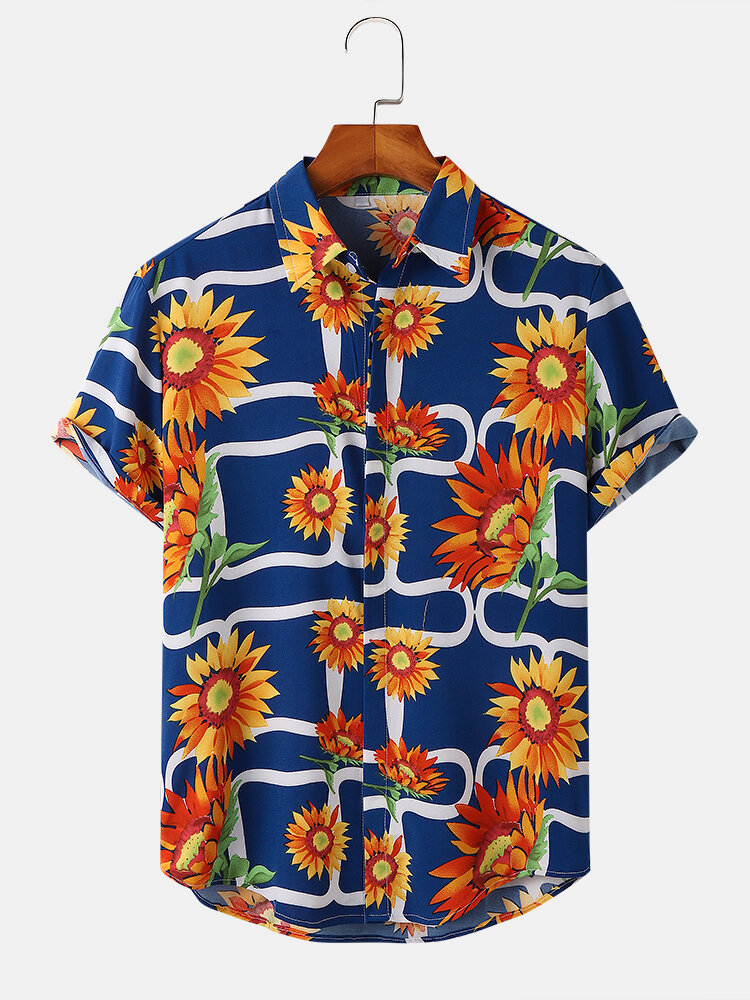 Mens Sunflower Print Holiday Lapel Short Sleeve Curved Hem Shirt
