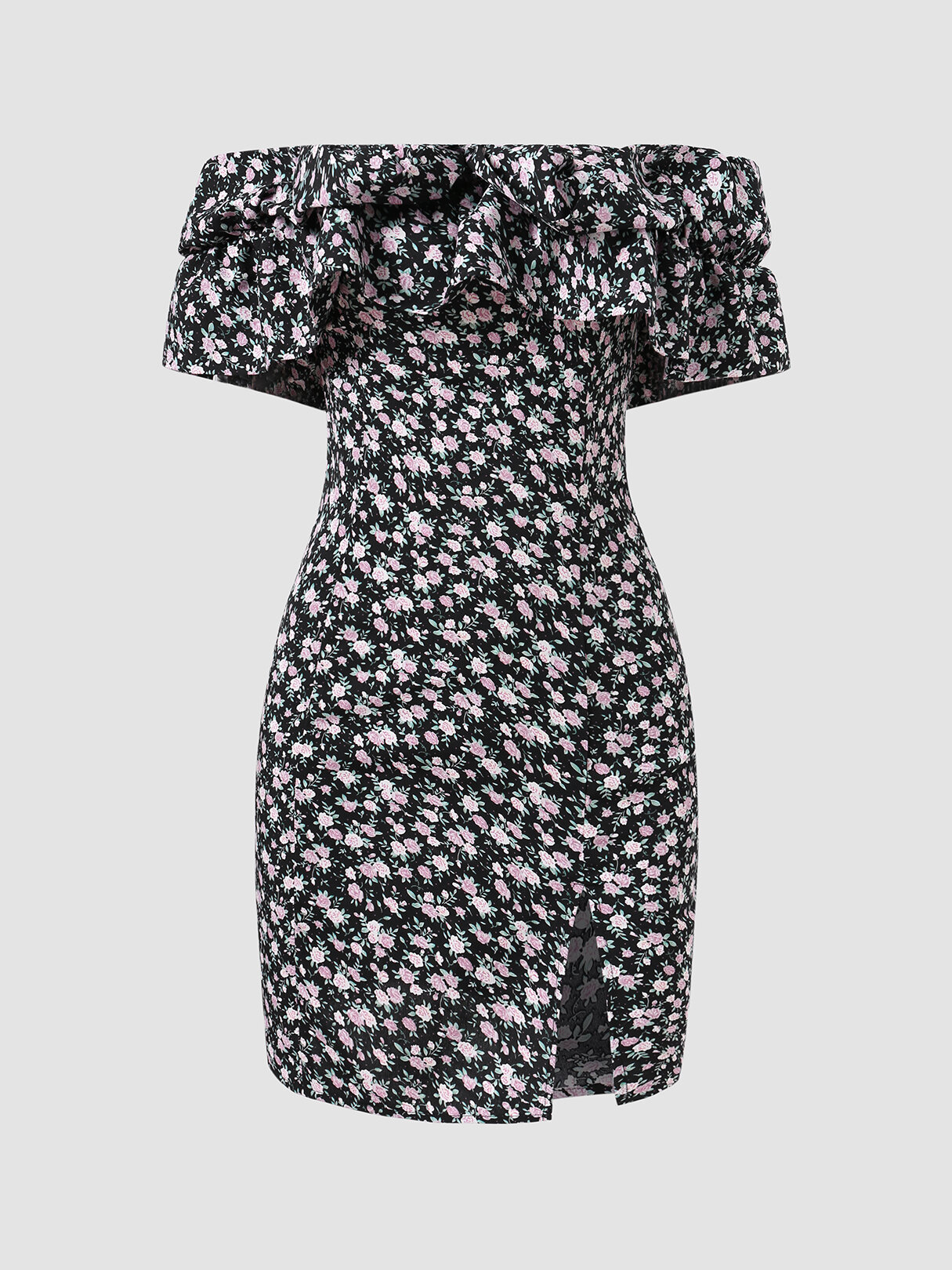 Ruffled Splited Floral Print Off-shoulder Short Sleeve Dresses