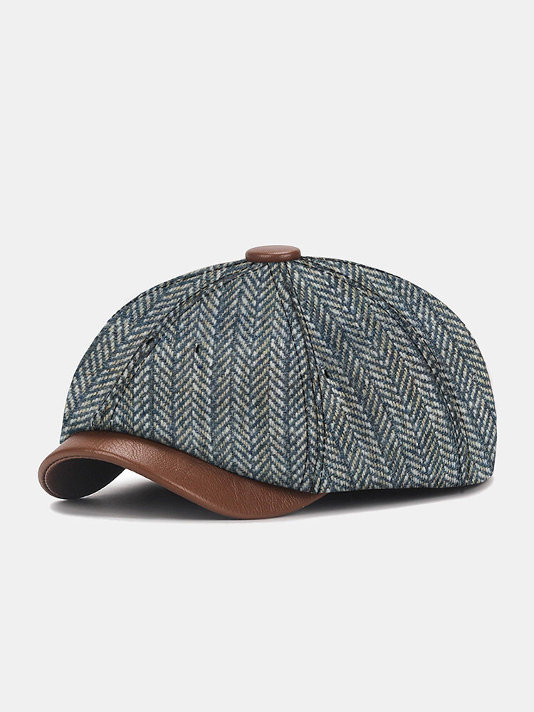 

Men Woolen Cloth British Herringbone Striped Pattern Warmth Sunshade Newsboy Hat Octagonal Hat Painter Hat Flat Cap, Blue