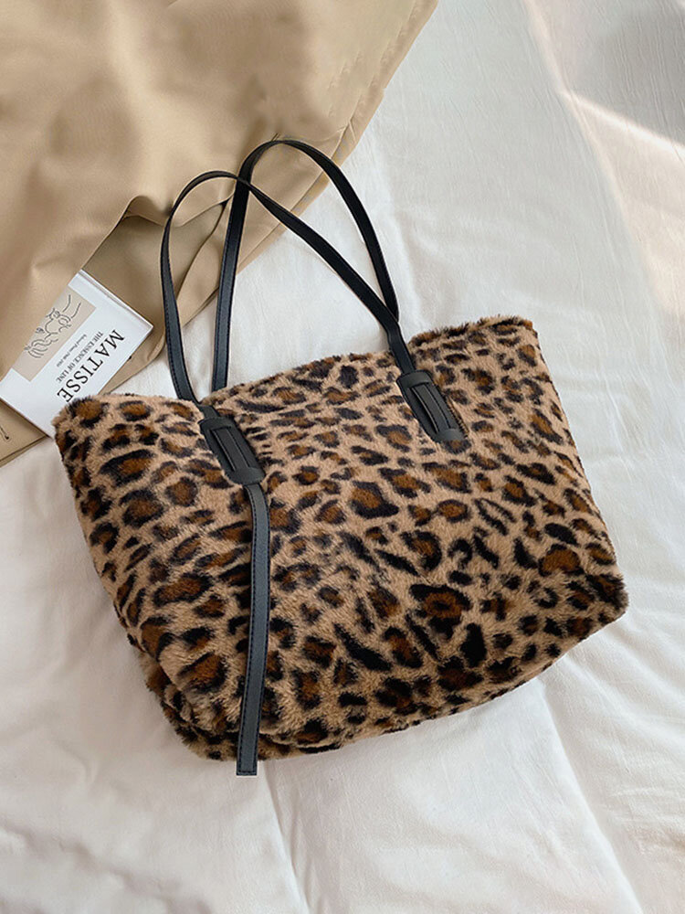 Women Plush Fashion Leopard Zebra Large Capacity Winter Handbag Tote