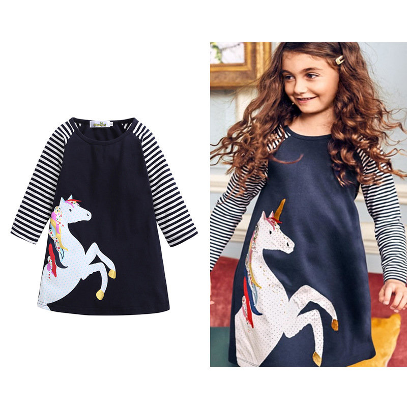 

Horse Pattern Girls Striped Long Sleeve Casual Dress School Clothes For 2Y-11Y, Blue