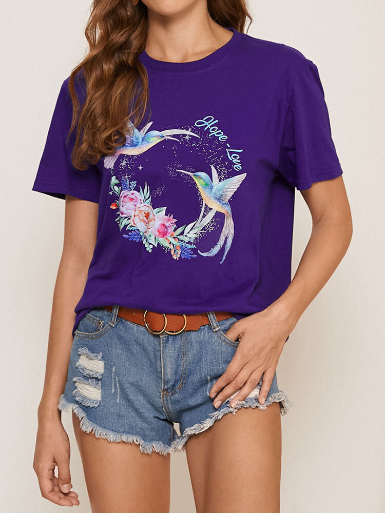 

Birds Flower Print O-neck Short Sleeve Casual T-Shirt For Women, Black;gray;purple;red;yellow;pink;white;blue;navy;grass green;fruit green;lake blue;gold;wine red;orange;rose;olive green;green;sky blue;mustard yellow;army green;flesh pink;leather pink;gin