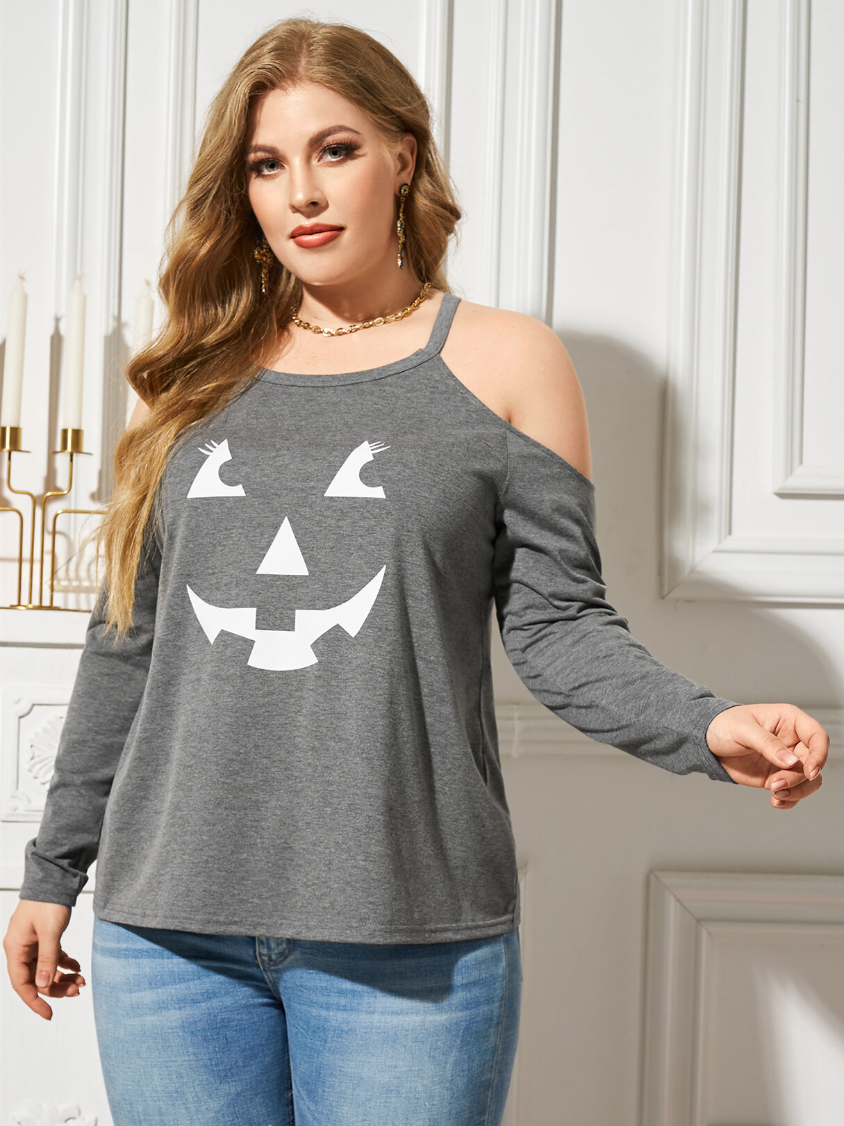 Plus Size Halloween Funny Graphic Cold Shoulder T-Shirt