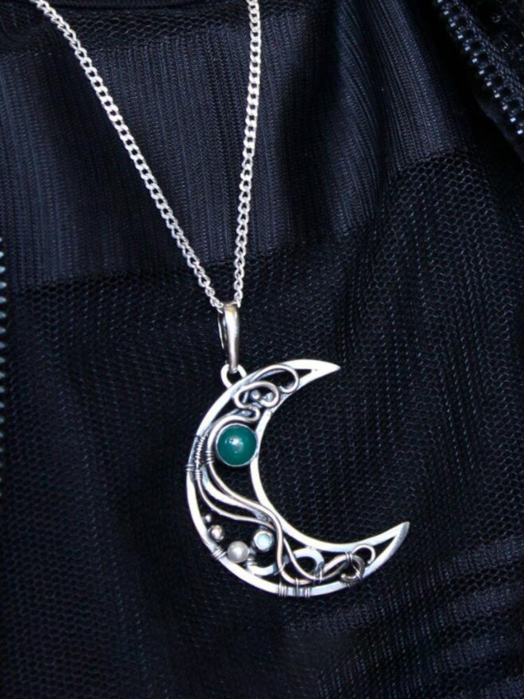 Vintage Trendy Inlaid Green Moonstone Hollow Wire Wrapped Moon-shaped Pendant Alloy Necklace
