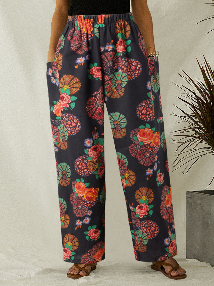 Flower Ethnic Pattern Print Wide Leg Lounge Pants with Pocket