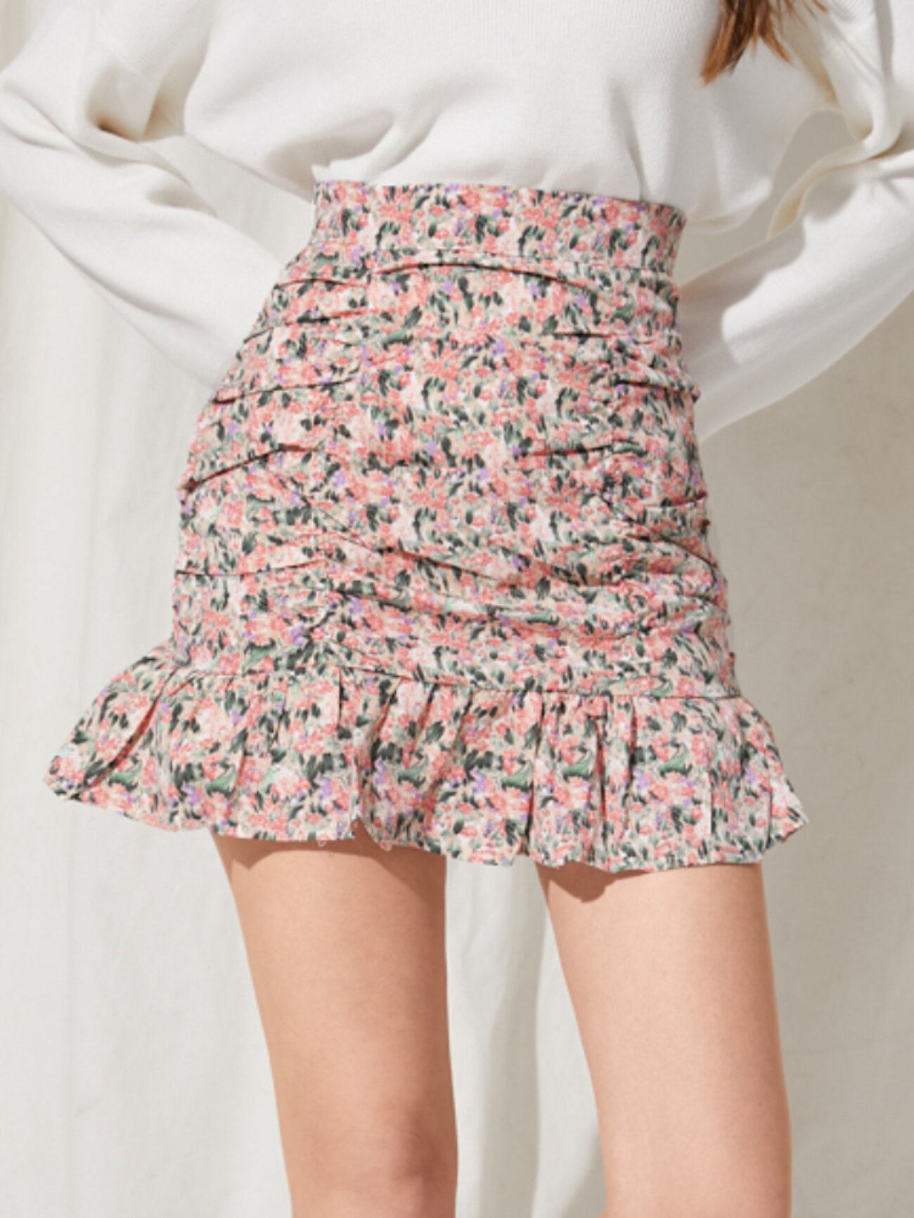 Floral Print Ruffle Folds High Waist Chiffon Skirt