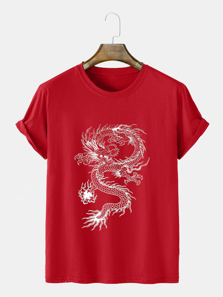 Mens Chinese Dragon Print Crew Neck Short Sleeve T-Shirts Winter