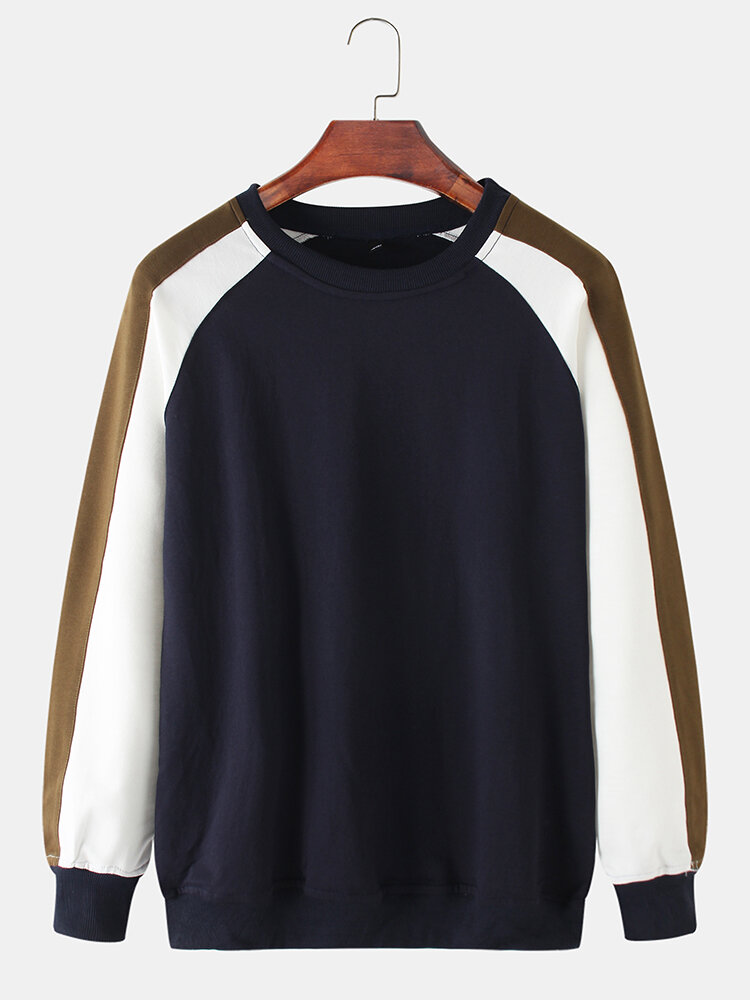 Mens Contrast Color Raglan Sleeve Cotton Loose Daily Pullover Sweatshirt