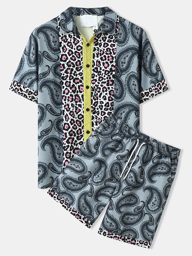 Mens Paisley & Leopard Print Patchwork Button Up Two Pieces Outfits