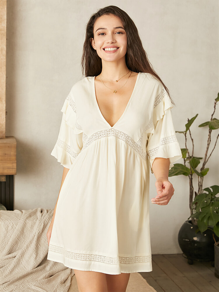 Solid Ruffle Cut Out Half Sleeve Deep V-neck Casual Cozy Dress