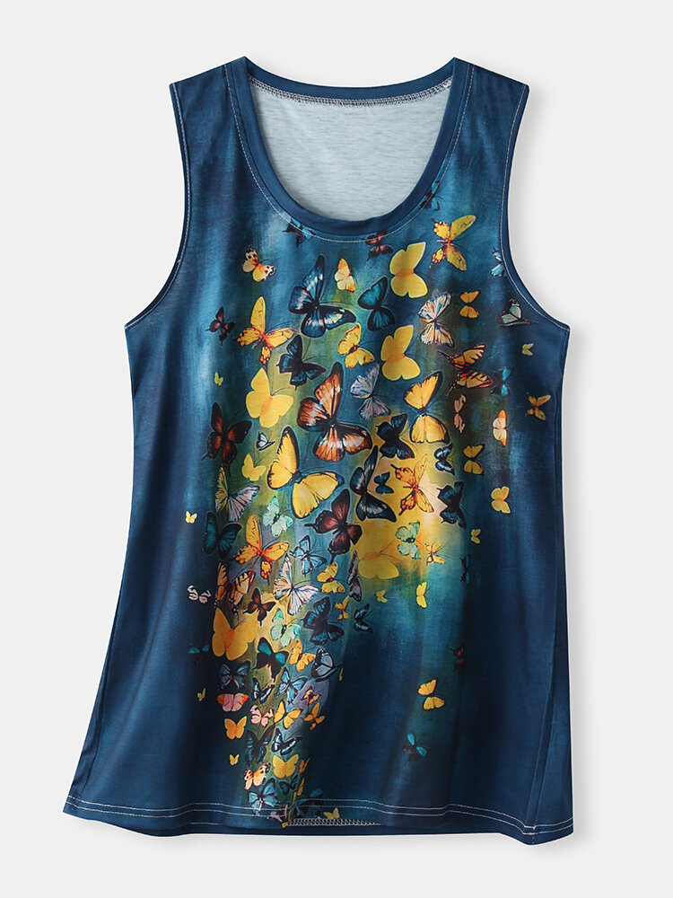 Butterfly Print O-neck Sleeveless Casual Tank Top For Women