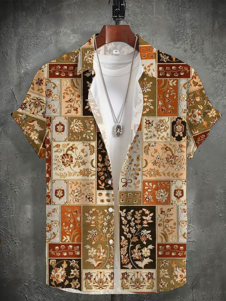 Herren Vintage Kurzarmhemd mit Blumendruck und Knopfleiste