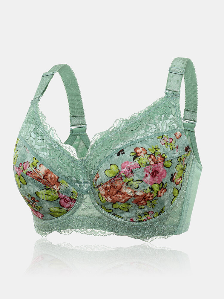 

Women Floral Lace Underwire Gather Full Cup Back Closure Bra, Nude;black;wine red;green;coffee