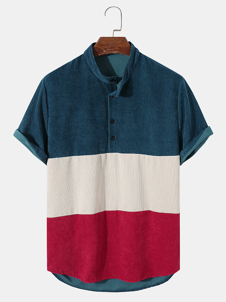 

Mens Corduroy Colorblock Panel Patchwork Preppy Short Sleeve Henley Shirts, Blue;brown