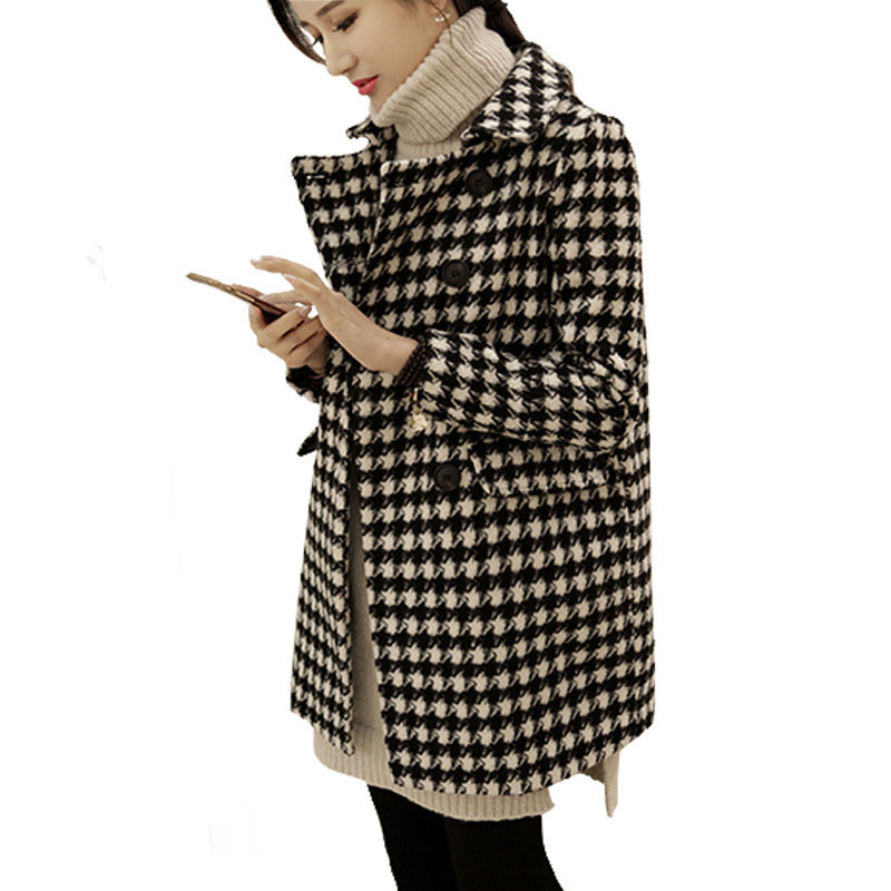 Double-breasted Long Section Houndstooth Woolen Coat