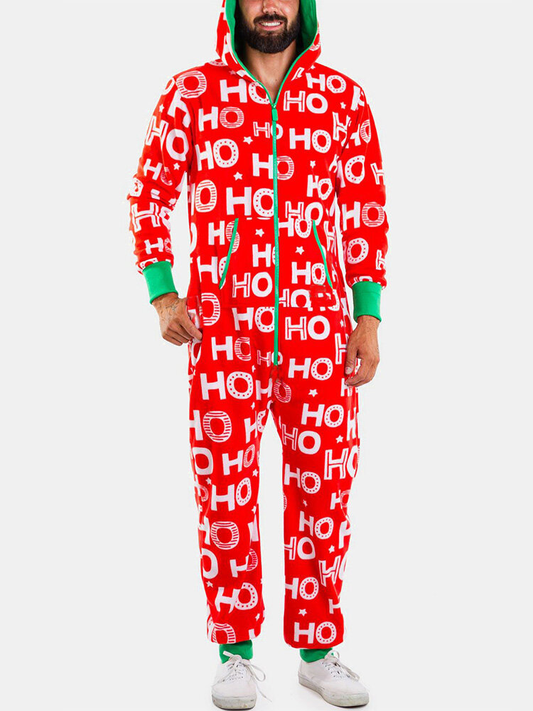 Red Letter Print Beam Footed Cozy Jumpsuits Zipper Onesies With Waist Pockets