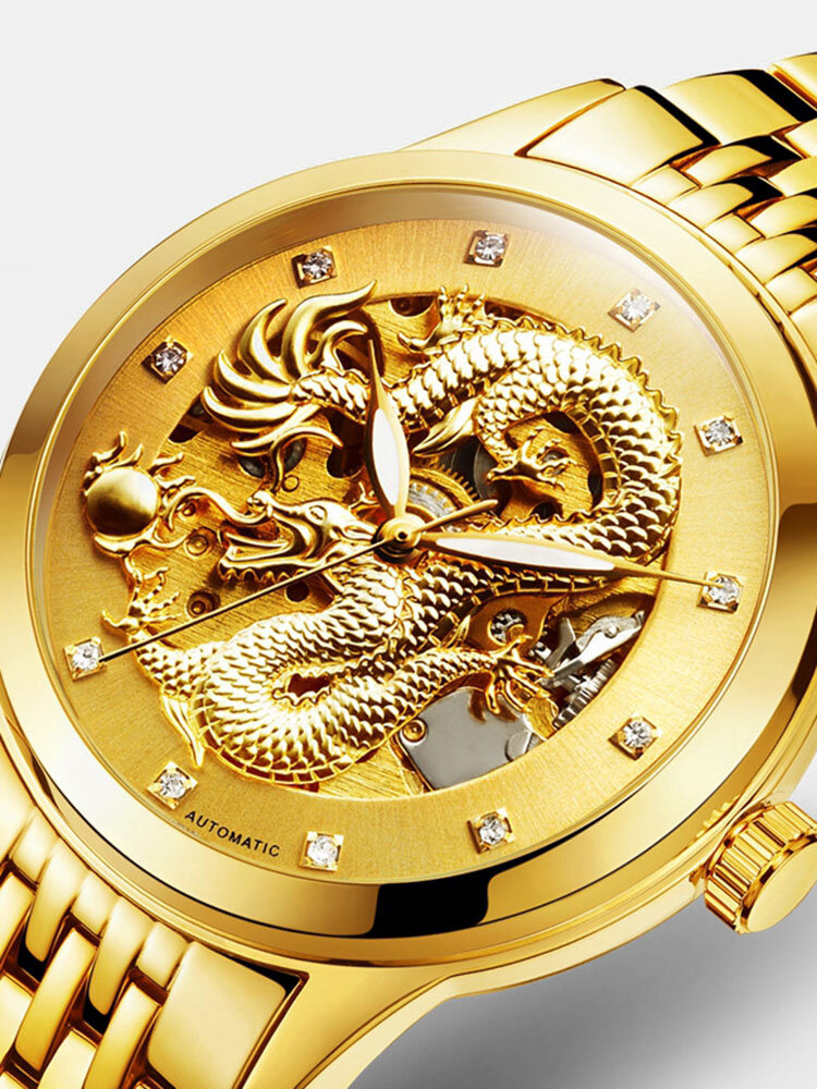 POLOBOSS Mens Dragon Mechanical Watches Engraved Skeleton Dragon Stainless Steel Automatic Watches