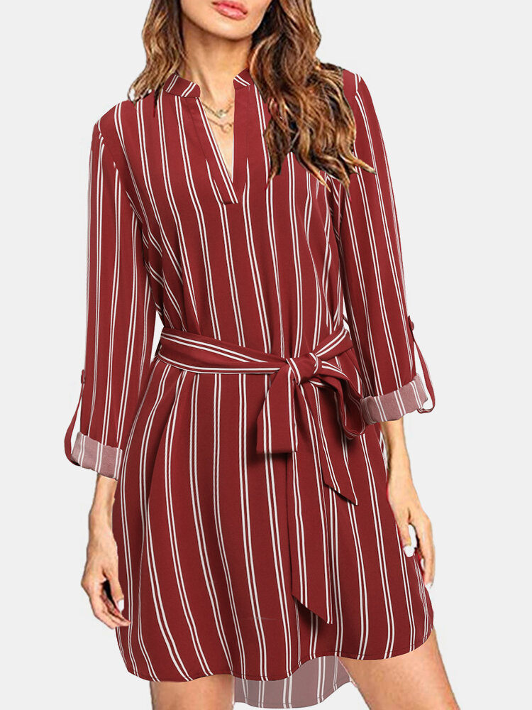 Striped Long Sleeve Stand Collar Asymmetrical Dress With Belt