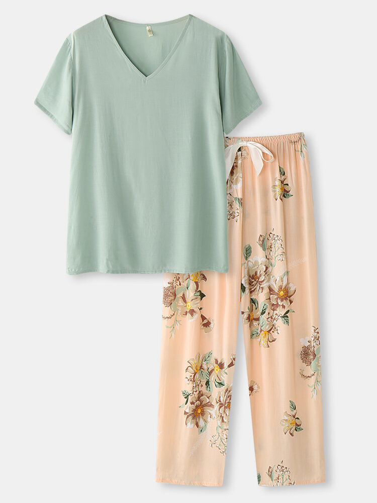 Women Flower Pattern V-Neck T-Shirt & Drawstring Pants Comfy Pajama Sets