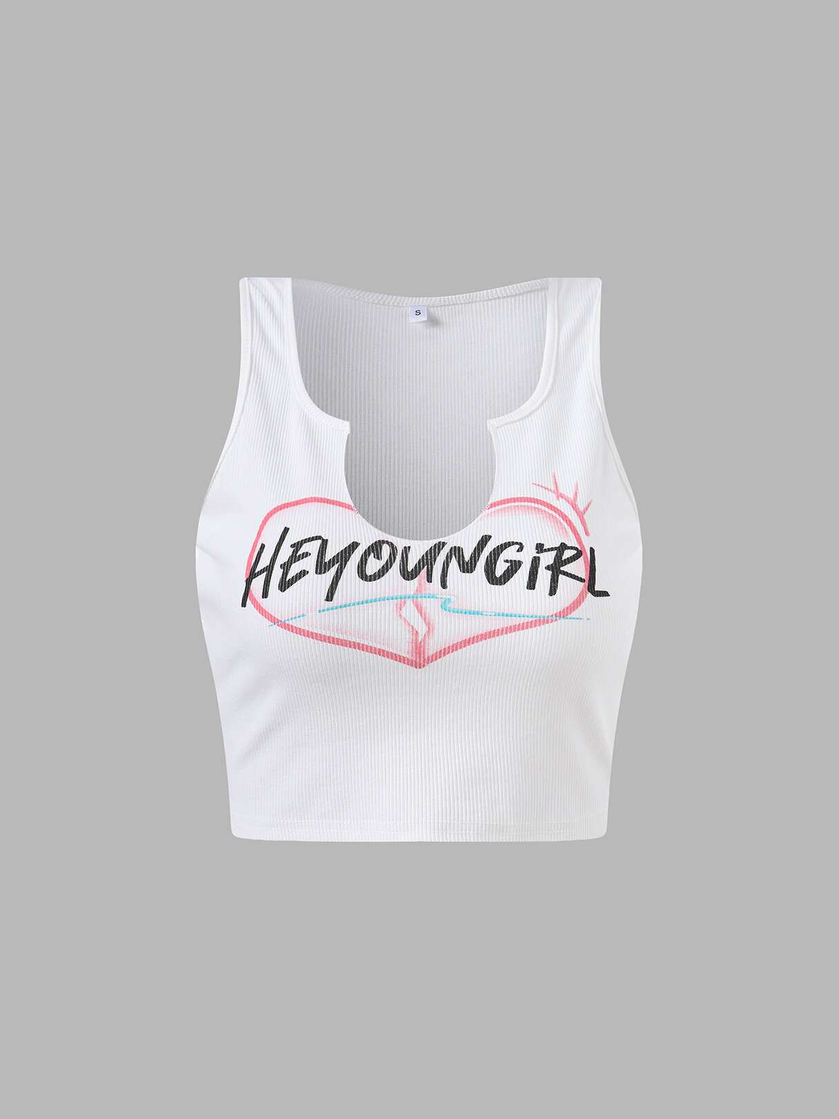 Ribbed Knit Plunging Neck Letters Heart Graphic Crop Tank Top