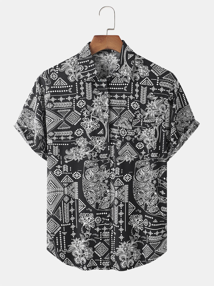 Mens Tribal Geometry Elephant Print Black Ethnic Style Short Sleeve Shirt