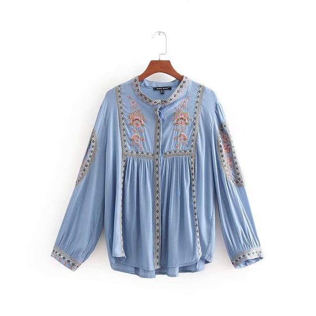 Season Long Sleeves Embroidered Shirt Female Holiday Wind Loose Embroidered Shirt