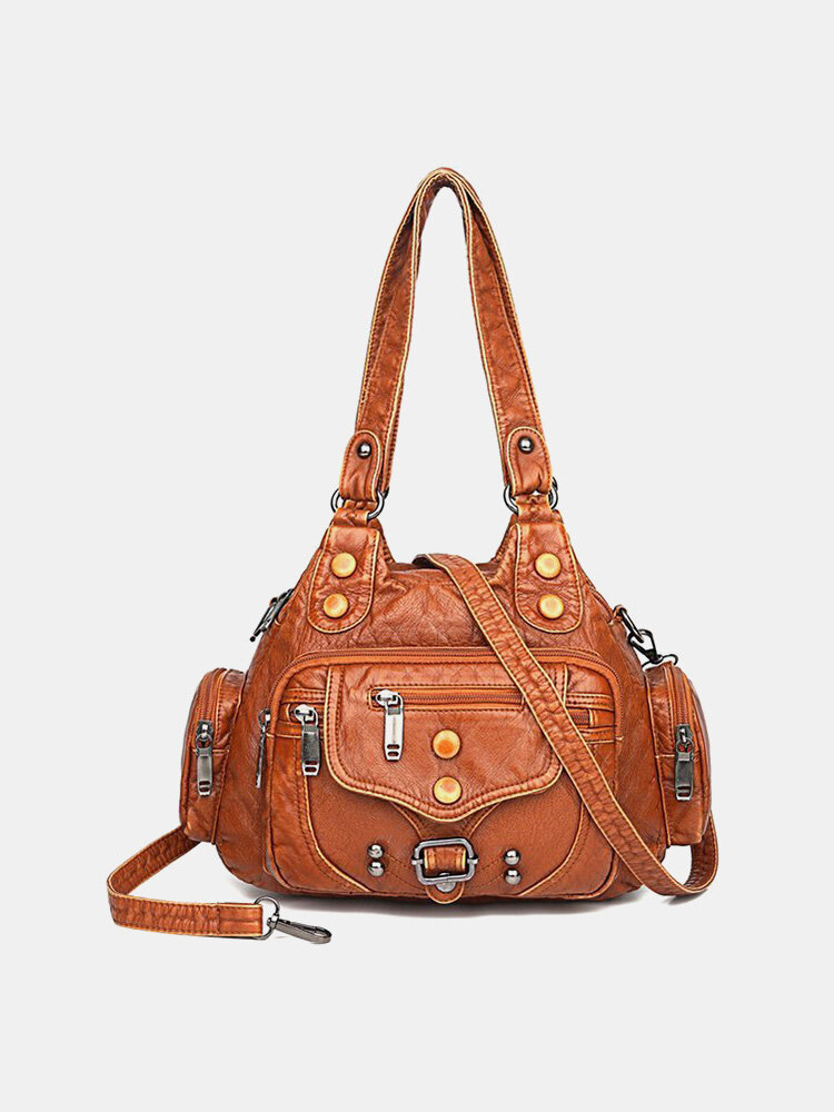 Women Vintage Rivet Soft Leather Shoulder Bag Handbag Tote