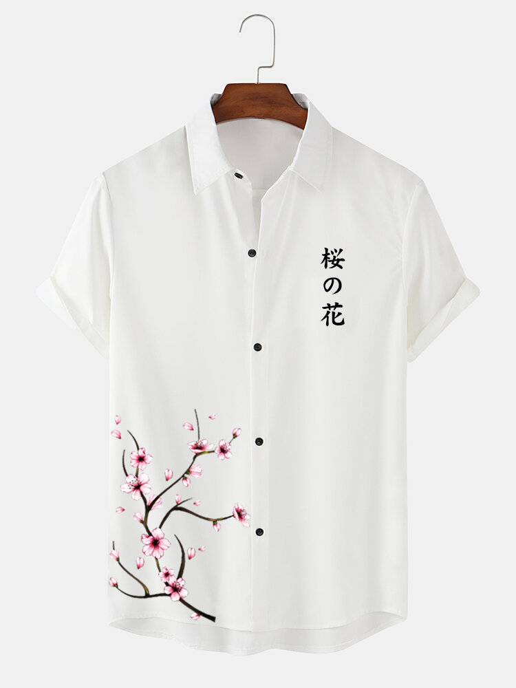 Mens Cherry Blossoms Japanese Print Button Up Short Sleeve Shirts