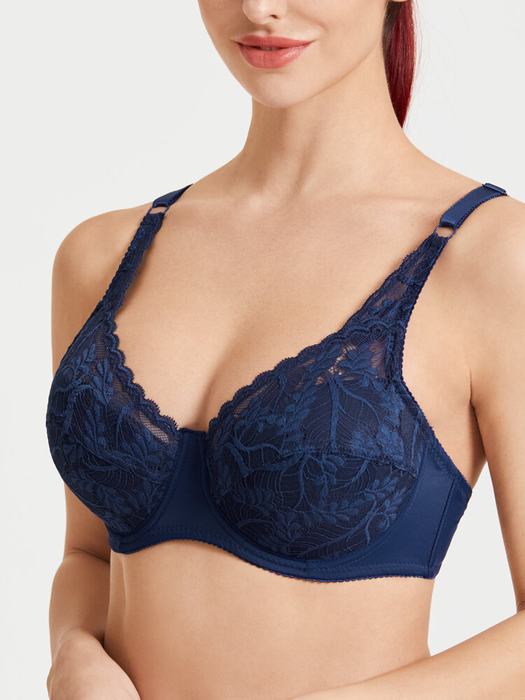 Women Floral Jacquard Lace Trim Lightly Lined Push Up Breathable Bras