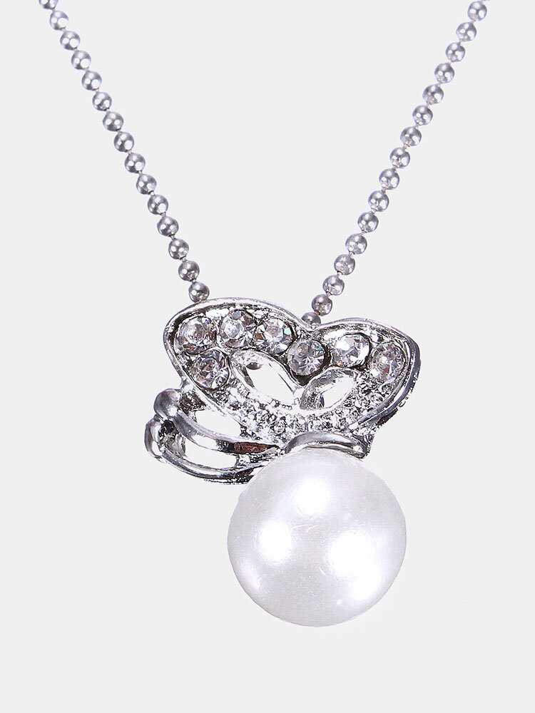 Butterfly Crystal Pearl Pendant Chain Necklace
