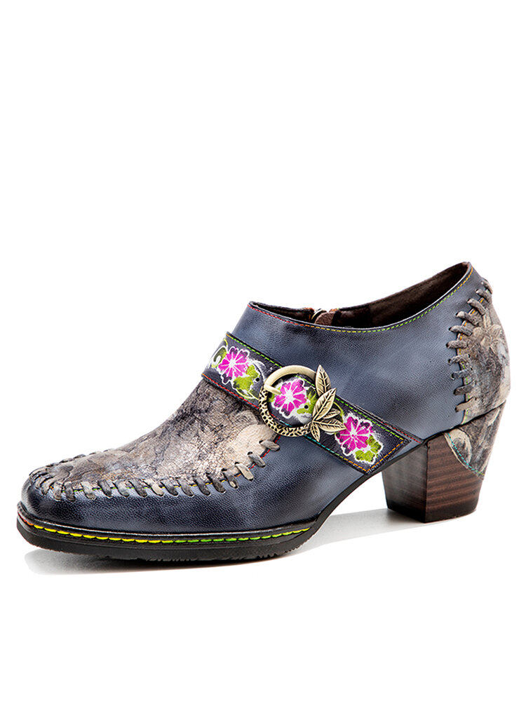 Socofy Genuine Leather Handmade Loafers Shoes Retro Ethnic Comfy Floral Belt Buckle Decor Side Zipper Heels