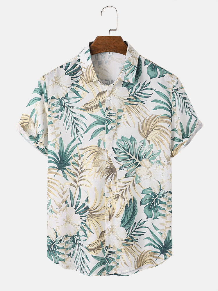Mens Tropical Plant Print Button Up Holiday Short Sleeve Shirts