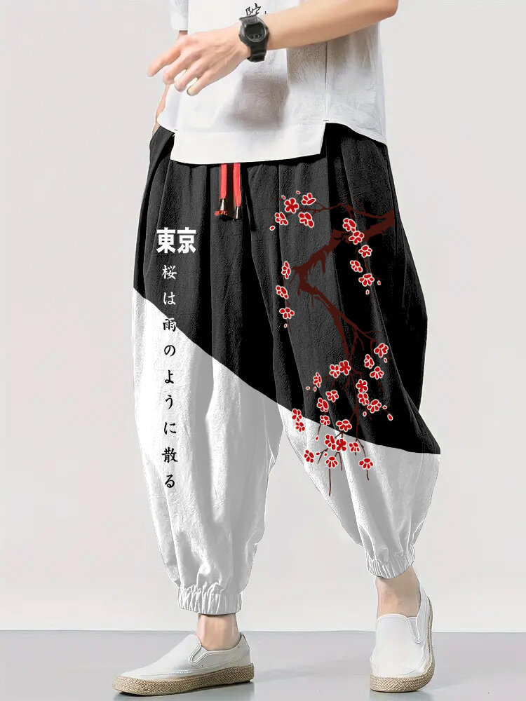 

Mens Japanese Cherry Blossoms Print Contrast Patchwork Drawstring Waist Pants, White