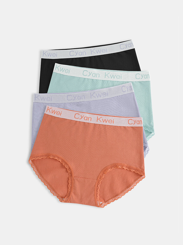 

Plus Size Women Cotton Breathable Antibacterial High Waist Panties With Logo Waistband, Black;orange;green;purple