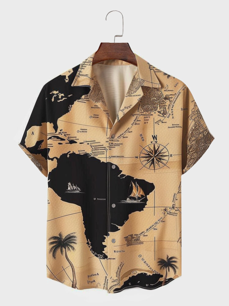 Mens Navigation Map Coconut Tree Print Revere Collar Short Sleeve Shirts