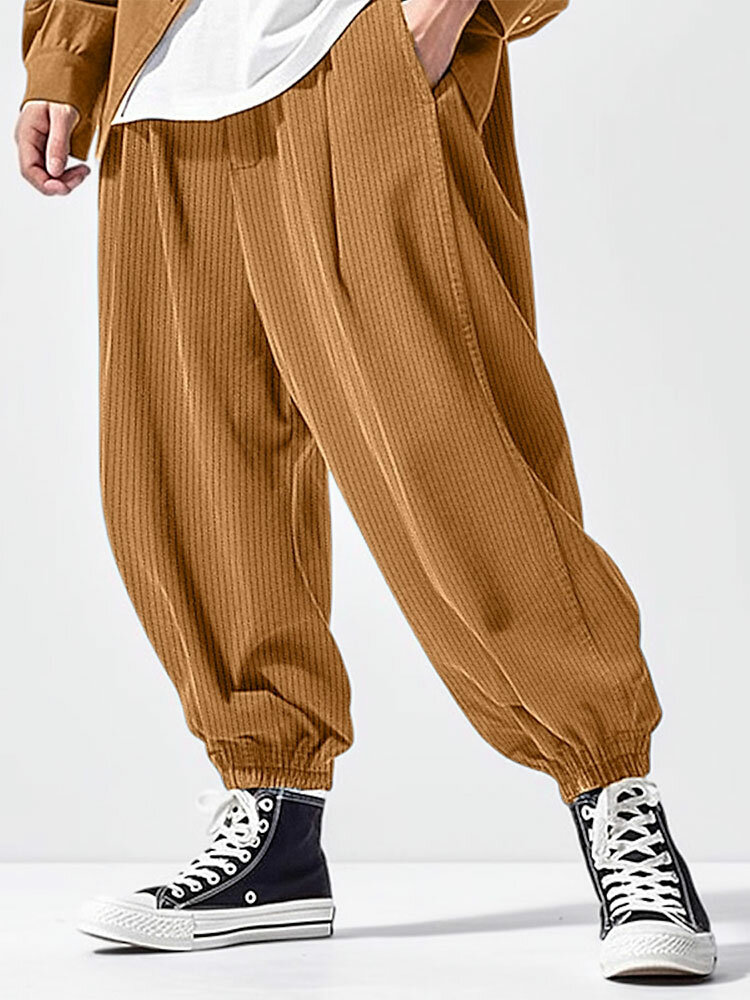 Pantalon en velours côtelé solide pour hommes, ample, décontracté, manchette élastique, hiver
